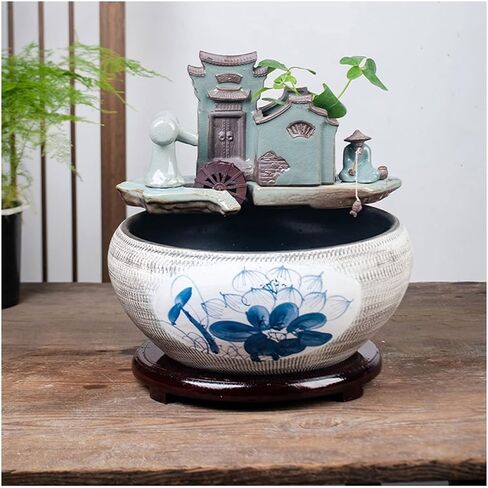 Small Fish Tank Chinese Style Ceramic Goldfish Bowl Home Circulation Flow Water Fountain Courtyard Fish Culture Cylinder Living Room Decoration Aquarium Fish Tank Fish Tank Kit(B,50cm) in Saudi Arabia
