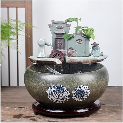 Small Fish Tank Chinese Style Ceramic Goldfish Bowl Home Circulation Flow Water Fountain Small Fish Bowl Office Living Room Ornamental Fish Culture Tank Fish Tank Kit(B,32CM) in Saudi Arabia