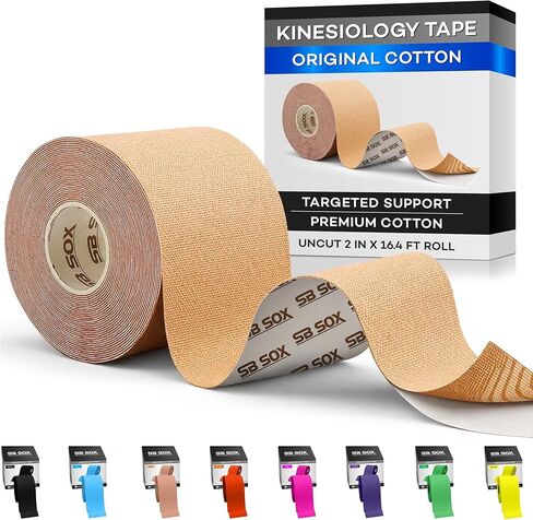 SB SOX Original Cotton Kinesiology Tape Roll – Best Latex Free Athletic Tape for Muscles/Joints – Waterproof, Stretchy, and Gentle on Skin (16ft) (Nude) in Kuwait