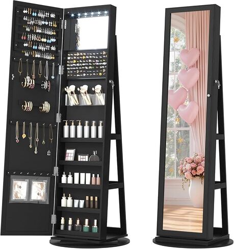 LVSOMT LED Mirror Jewelry Cabinet Standing, 360° Swivel Jewelry Organizers and Storage, Farmhouse Mirror with Jewelry Storage, Lighted Jewelry Armoire with Full Length Mirror (Coal Black) in Kuwait
