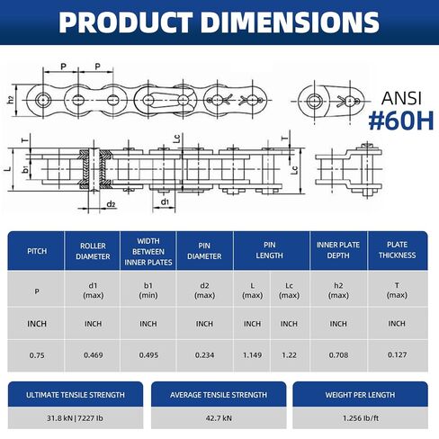 #60H Roller Chain, 10 Feet Carbon Steel Chain with 4 Free Connecting Links (159 Links) in Kuwait