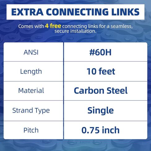 #60H Roller Chain, 10 Feet Carbon Steel Chain with 4 Free Connecting Links (159 Links) in Kuwait