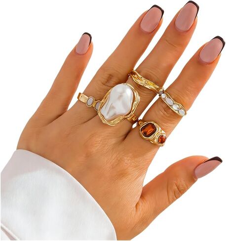 Chunky Knuckle Rings for Women Chunky Gold Statement Stacking Crystal Knuckle Rings Set Statement Flower Artificial Baroque Pearl Ring Jewelry in Saudi Arabia