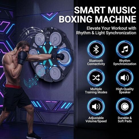 آلة ملاكمة موسيقية - وسادة ملاكمة حائطية بلوتوث مزودة بإضاءة LED، معدات تدريب ممتعة للأطفال والكبار، وسادة ملاكمة منزلية على الحائط مع قفازات، لجميع الأعمار - هدية مثالية من RedRoko in Kuwait