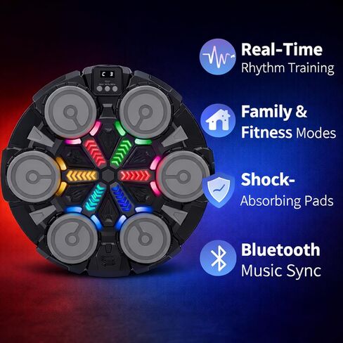 آلة ملاكمة موسيقية - وسادة ملاكمة حائطية بلوتوث مزودة بإضاءة LED، معدات تدريب ممتعة للأطفال والكبار، وسادة ملاكمة منزلية على الحائط مع قفازات، لجميع الأعمار - هدية مثالية من RedRoko in Kuwait