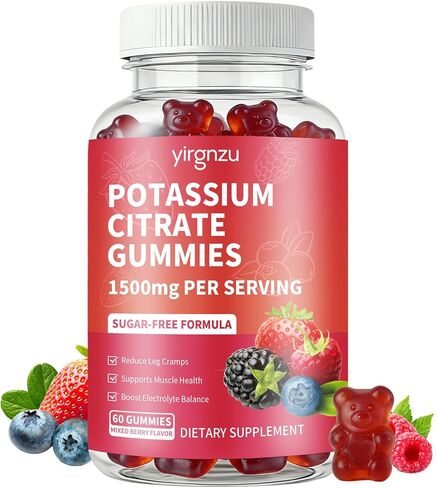 علكات سيترات البوتاسيوم 1500 مجم، مكمل البوتاسيوم للنساء والرجال، يدعم تشنجات الساق وصحة العضلات، نباتي، نكهة التوت المختلطة 60 قطعة in Kuwait