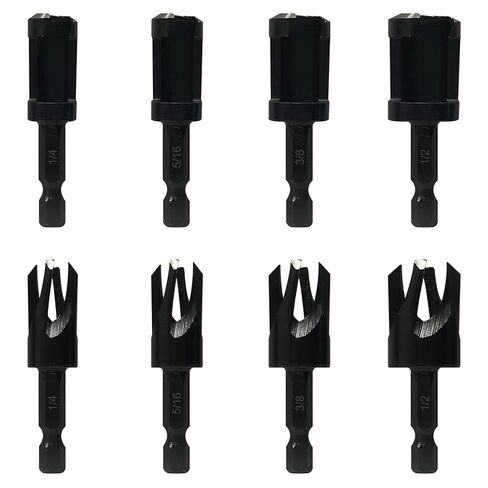 Wood Plug Cutters, 4 pcs Straight Wood Plug Cutters & 4 pcs Tapered Plug Cutters Set with 1/4 Hex Shank, Taper Cutting Tool Knifes in 4 Sizes 1/4", 5/16", 3/8", and 1/2" Black in Saudi Arabia