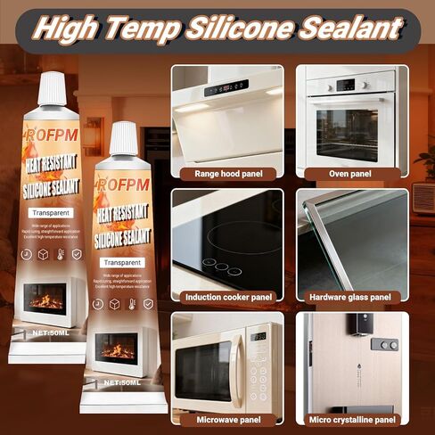 High Heat Silicone Sealant Set, 100ml Clear Heat Resistant Glue, High Temp Silicone Sealant,Strong Sealing Adhesive Waterproof for Fireplace, Oven, Microwave, Stove, Cooktop, Grill(1.69floz*2) in Kuwait