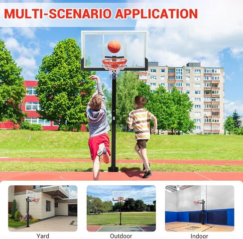 طوق كرة سلة خارجي قابل للتعديل مقاس 55 بوصة، لوح خلفي من الزجاج المقسى، ارتفاع 8-10 أقدام، نظام آمن ومستقر في الأرض للفناء الخلفي والممر والملعب in Kuwait