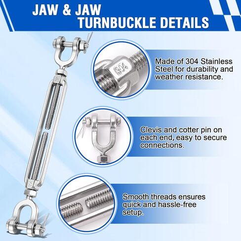 3/16" Turnbuckle Kit 304 Stainless Steel Jaw and Jaw Heavy Duty Turnbuckles for Cables Wire, Shade Sail Hardware, Zipline,Outdoor Applications,Cable Traction 400 Lbs Working Load Limit(1 Pack) in Kuwait