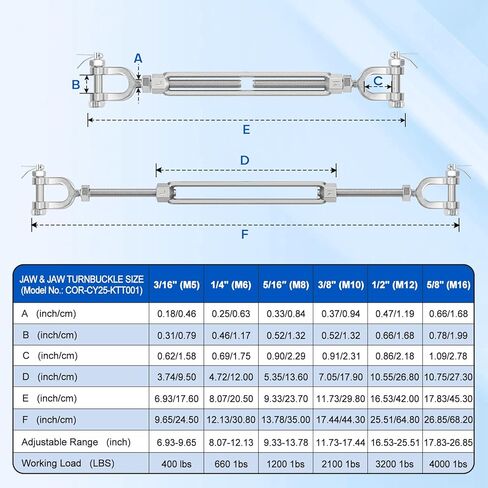 3/16" Turnbuckle Kit 304 Stainless Steel Jaw and Jaw Heavy Duty Turnbuckles for Cables Wire, Shade Sail Hardware, Zipline,Outdoor Applications,Cable Traction 400 Lbs Working Load Limit(1 Pack) in Kuwait