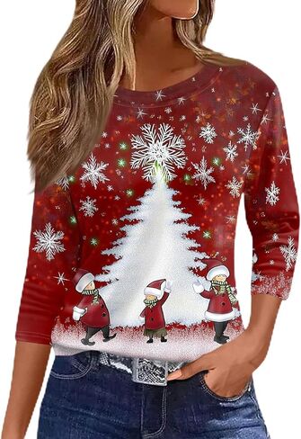 قمصان عيد الميلاد النسائية، بلوزة مريحة مطبوع عليها عيد الميلاد، رقبة دائرية 3/4 طول الأكمام، بلوفر كاجوال in Kuwait