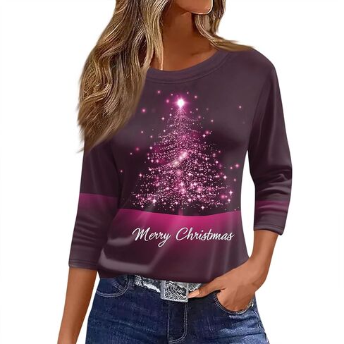 Womens Christmas Shirts Comfortable Christmas Printed Blouse Crew Neck 3/4 Length Sleeve Tops Casual Tunic Pullover in Saudi Arabia