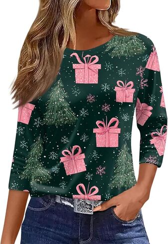 Women Christmas Shirts Comfortable 3/4 Length Sleeve Tops Crew Neck Tunic Pullover Casual Christmas Printed Blouse in Saudi Arabia
