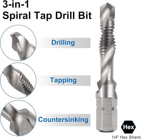 Combination Drill and Tap Bits, Metric M6 x 1 Thread 1/4" Hex Shank 4341 High Speed Steel Threading Screw Taps Machine Drilling Tapping Tool Kit in Saudi Arabia