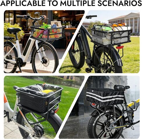 سلة دراجة RAYMACE خلفية مع غطاء عاكس مقاوم للماء وشبكة شحن، سلة دراجة كبيرة بتصميم مثقوب تناسب الدراجة الكهربائية، مثبتة على الرف الخلفي أو الأمامي - في انتظار الحصول على براءة اختراع in Kuwait