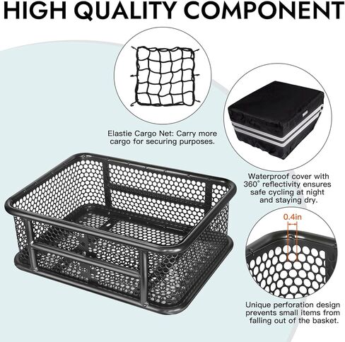 سلة دراجة RAYMACE خلفية مع غطاء عاكس مقاوم للماء وشبكة شحن، سلة دراجة كبيرة بتصميم مثقوب تناسب الدراجة الكهربائية، مثبتة على الرف الخلفي أو الأمامي - في انتظار الحصول على براءة اختراع in Kuwait