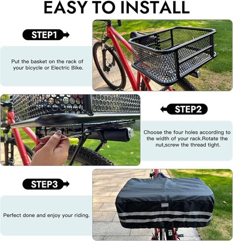 سلة دراجة RAYMACE خلفية مع غطاء عاكس مقاوم للماء وشبكة شحن، سلة دراجة كبيرة بتصميم مثقوب تناسب الدراجة الكهربائية، مثبتة على الرف الخلفي أو الأمامي - في انتظار الحصول على براءة اختراع in Kuwait
