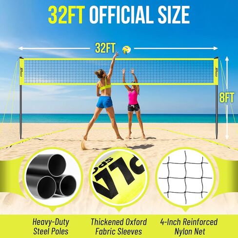 Portable Outdoor Volleyball Net Set,32FT Regulation Size Volleyballs Net System with Height Adjustable Poles,PU Volleyball,Pump,Boundary Line,Anti-Sagging and Carry Bag for Backyard,Beach,Lawn in Saudi Arabia