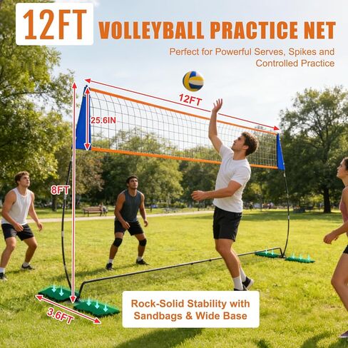 12FT Volleyball Net for Backyard, Portable Volleyball Net with Widest 3.6ft Base & 4 Sandbags, Adjustable Height 6-8FT Indoor & Outdoor Volleyball Practice Net, All-in-One Outdoor Volleyball Net Set in Kuwait
