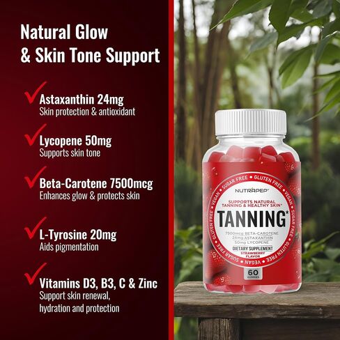 Tanning Gummies for Women - Self Tan Bronzing Supplement that Work Without Sun - No Sugar Vegan with Astaxanthin Lycopene Beta Carotene Vitamins - Glow Up Skin Health Daily Oral Tanning Chews in Kuwait