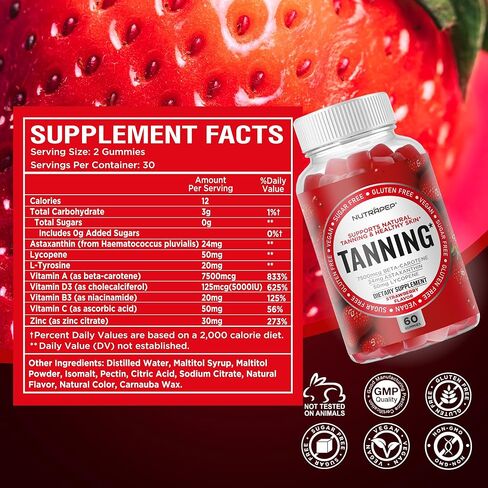 Tanning Gummies for Women - Self Tan Bronzing Supplement that Work Without Sun - No Sugar Vegan with Astaxanthin Lycopene Beta Carotene Vitamins - Glow Up Skin Health Daily Oral Tanning Chews in Kuwait