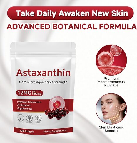 أستازانتين 12 مجم، 120 كبسولة هلامية، مكملات أستازانتين الممتازة المضادة للأكسدة مع نشاط مضاد للأكسدة، يدعم صحة العين والجلد والمناعة والدورة الدموية الداخلية in Kuwait