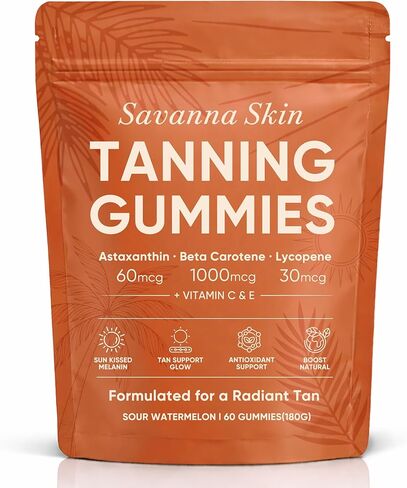 علكة السافانا لتسمير البشرة، مع أستازانتين وبيتا كاروتين والليكوبين والفيتامينات، بشرة صحية مشعة، دعم الحيوية والترطيب، نباتي، خالي من السكر، نكهة البطيخ الحامض، 60 قطعة (1) in Kuwait