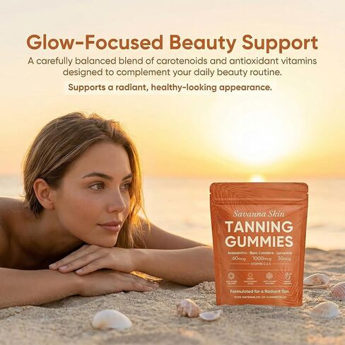 علكة السافانا لتسمير البشرة، مع أستازانتين وبيتا كاروتين والليكوبين والفيتامينات، بشرة صحية مشعة، دعم الحيوية والترطيب، نباتي، خالي من السكر، نكهة البطيخ الحامض، 60 قطعة (1) in Kuwait