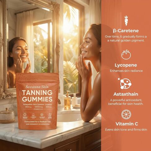 علكة السافانا لتسمير البشرة، مع أستازانتين وبيتا كاروتين والليكوبين والفيتامينات، بشرة صحية مشعة، دعم الحيوية والترطيب، نباتي، خالي من السكر، نكهة البطيخ الحامض، 60 قطعة (1) in Kuwait