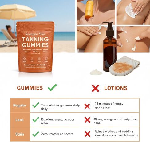 علكة السافانا لتسمير البشرة، مع أستازانتين وبيتا كاروتين والليكوبين والفيتامينات، بشرة صحية مشعة، دعم الحيوية والترطيب، نباتي، خالي من السكر، نكهة البطيخ الحامض، 60 قطعة (1) in Kuwait