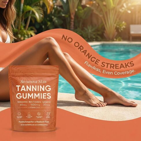 علكة السافانا لتسمير البشرة، مع أستازانتين وبيتا كاروتين والليكوبين والفيتامينات، بشرة صحية مشعة، دعم الحيوية والترطيب، نباتي، خالي من السكر، نكهة البطيخ الحامض، 60 قطعة (1) in Kuwait