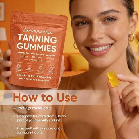 علكة السافانا لتسمير البشرة، مع أستازانتين وبيتا كاروتين والليكوبين والفيتامينات، بشرة صحية مشعة، دعم الحيوية والترطيب، نباتي، خالي من السكر، نكهة البطيخ الحامض، 60 قطعة (1) in Kuwait