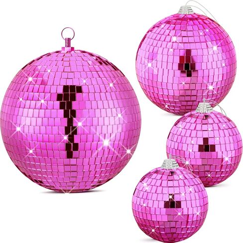 Nuenen 4 Pcs Large Pink Disco Ball Hot Pink Disco Night Accessories Party Decoration 70s Themed Mirror Hanging Balls Ornament for Wedding Birthday Room Home Dj Photo Props Backgdrop(8", 6", 4") in Kuwait