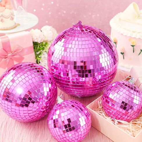 Nuenen 4 Pcs Large Pink Disco Ball Hot Pink Disco Night Accessories Party Decoration 70s Themed Mirror Hanging Balls Ornament for Wedding Birthday Room Home Dj Photo Props Backgdrop(8", 6", 4") in Kuwait
