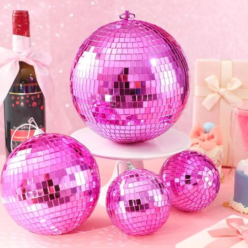 Nuenen 4 Pcs Large Pink Disco Ball Hot Pink Disco Night Accessories Party Decoration 70s Themed Mirror Hanging Balls Ornament for Wedding Birthday Room Home Dj Photo Props Backgdrop(8", 6", 4") in Kuwait