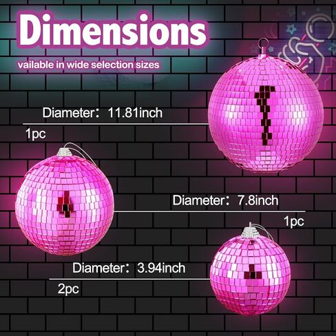 Nuenen 4 Pcs Large Pink Disco Ball Hot Pink Disco Night Accessories Party Decoration 70s Themed Mirror Hanging Balls Ornament for Wedding Birthday Room Home Dj Photo Props Backgdrop(8", 6", 4") in Kuwait