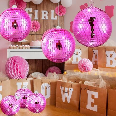Nuenen 4 Pcs Large Pink Disco Ball Hot Pink Disco Night Accessories Party Decoration 70s Themed Mirror Hanging Balls Ornament for Wedding Birthday Room Home Dj Photo Props Backgdrop(8", 6", 4") in Kuwait