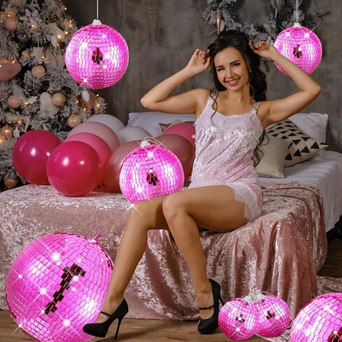 Nuenen 4 Pcs Large Pink Disco Ball Hot Pink Disco Night Accessories Party Decoration 70s Themed Mirror Hanging Balls Ornament for Wedding Birthday Room Home Dj Photo Props Backgdrop(8", 6", 4") in Kuwait