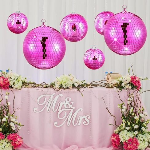 Nuenen 4 Pcs Large Pink Disco Ball Hot Pink Disco Night Accessories Party Decoration 70s Themed Mirror Hanging Balls Ornament for Wedding Birthday Room Home Dj Photo Props Backgdrop(8", 6", 4") in Kuwait