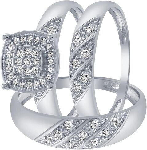 Jewels Pretty 0.31 قيراط (CTW) حول أبيض الماس هالو هالو للرجال والنساء الثلاثي رنين لزفافه ولزفافها ، 925 الفضة الاسترليني (H-I Color ، I1-I2 Clarity) in Kuwait