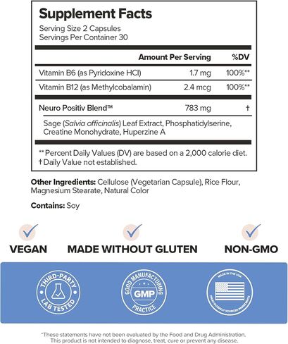 كبسولات مينو لصحة الدماغ + دعم الذاكرة - دعم يومي للأداء المعرفي والتركيز والشيخوخة الصحية للدماغ - مع الفوسفاتيديل سيرين والكرياتين وأوراق المريمية وهوبرزين أ - 30 وجبة in Kuwait
