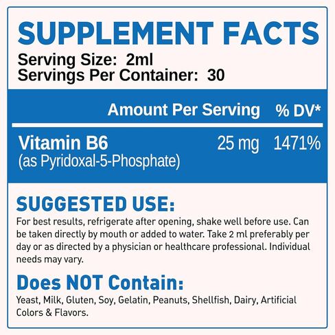 P5P Vitamin B6 25mg, Pyridoxal-5-Phosphate Activated B6 Liquid Drops for Women & Men, Energy Support, Balance, Nervous System Health, 2 Fl Oz in Kuwait