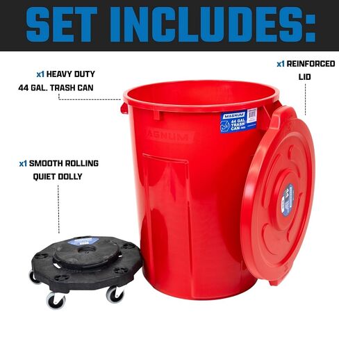 Magnum Red 44 Gallon Trash Can Set (Trash Can, Quiet Dolly, and Reinforced Lid), Construction Grade, Jobsite Ready for Handling and Rolling Garbage CMTC-CLD0-44R01 (1 Set) in Kuwait