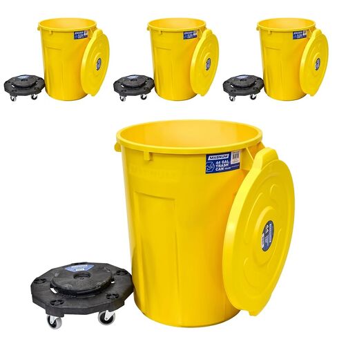 Magnum Yellow 44 Gallon Trash Can Set (Trash Can, Quiet Dolly, and Reinforced Lid), Construction Grade, Jobsite Ready for Handling and Rolling Garbage CMTC-CLD0-44Y04 (4 Set) in Kuwait