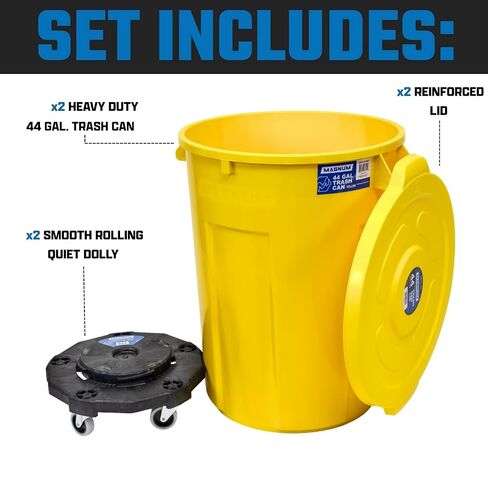 Magnum Yellow 44 Gallon Trash Can Set (Trash Can, Quiet Dolly, and Reinforced Lid), Construction Grade, Jobsite Ready for Handling and Rolling Garbage CMTC-CLD0-44Y02 (2 Set) in Kuwait