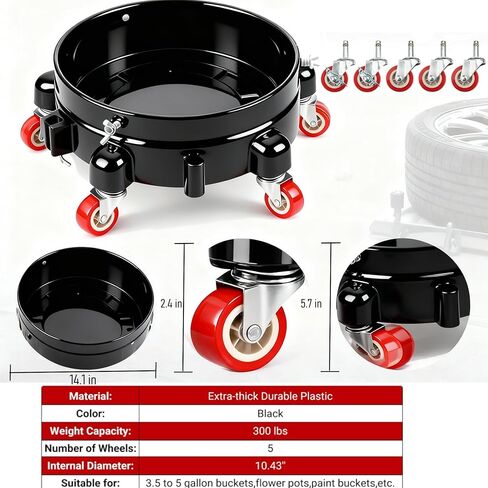 قطعتان من دلو دوللي قابل للتوصيل سعة 5 جالون - عجلات قفل دوارة 11 بوصة بزاوية 360 درجة، مجموعة باللونين الأبيض والأسود لغسيل السيارات والحديقة والجراج in Kuwait