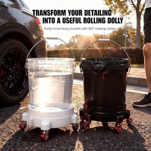 قطعتان من دلو دوللي قابل للتوصيل سعة 5 جالون - عجلات قفل دوارة 11 بوصة بزاوية 360 درجة، مجموعة باللونين الأبيض والأسود لغسيل السيارات والحديقة والجراج in Kuwait