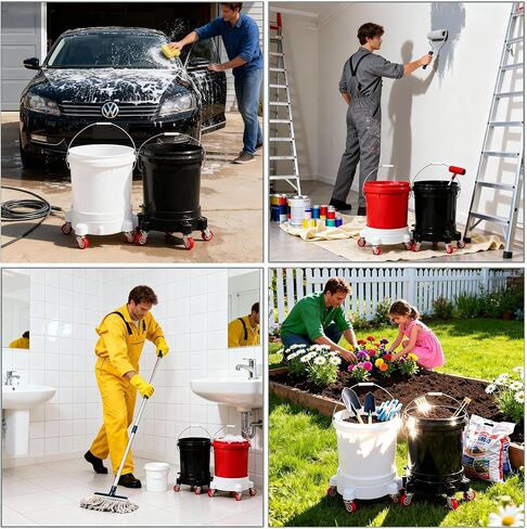 قطعتان من دلو دوللي قابل للتوصيل سعة 5 جالون - عجلات قفل دوارة 11 بوصة بزاوية 360 درجة، مجموعة باللونين الأبيض والأسود لغسيل السيارات والحديقة والجراج in Kuwait