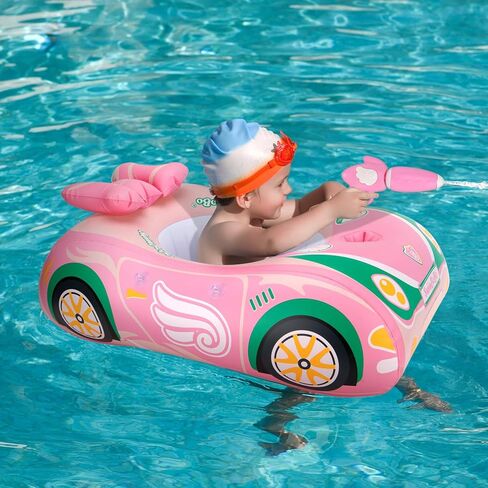 Swimbobo Toddler Pool Float Pink Inflatable Airplane Car Baby Swim Float with Water Gun and Safety Seat Pool Toys for Kids 3+ Years Old in Kuwait